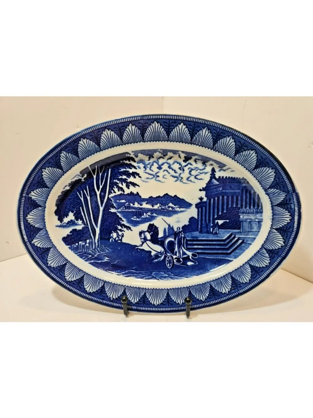 Antique Blue Transferware Oval Platter Made in Japan 9”X12” Republic Scene